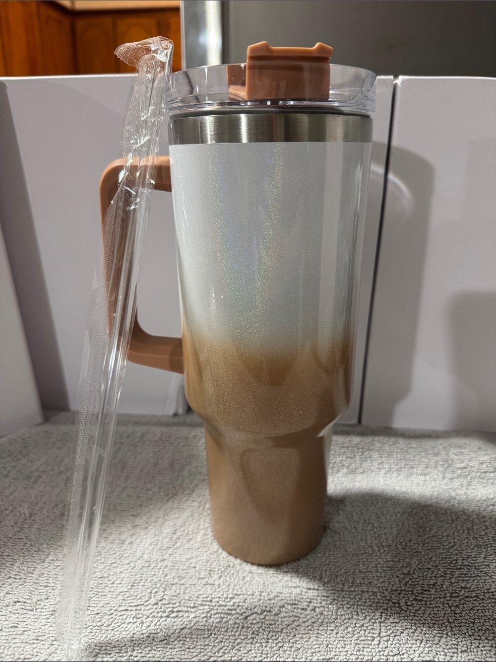 Large Ombre Glitter Travel Tumbler with Handle - White to Tan